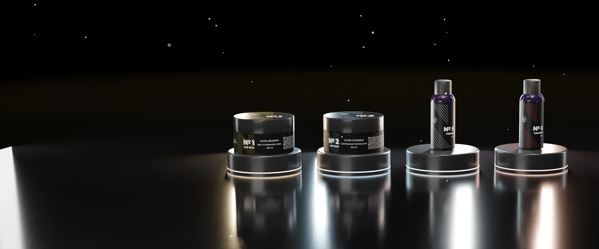 NEOWAX No. 1, No. 2, No. 5 and No. 6 lined up on lit pedestals