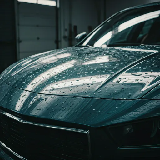 Ultra-detailed macro shot of car metallic paintwork with perfect water beading